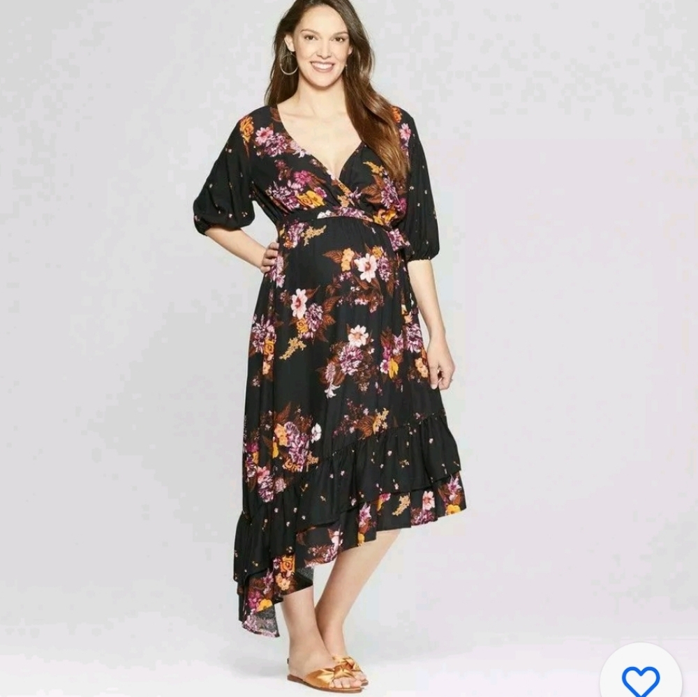 Isabel Maternity Ingrid & Isabel Boho Midi Dark Floral Empire Ruffle Tier Ray…